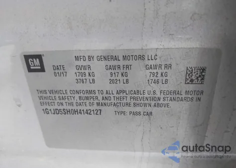 2017 Chevrolet Sonic Lt Auto z USA, uszkodzony, nr VIN 1G1JD5SH0H4142127